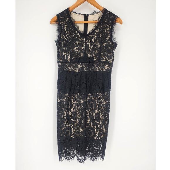 Metisu Black Lace Overlay Sheath Dress with Ruffle & Bow Women’s Size Small - Picture 1 of 10